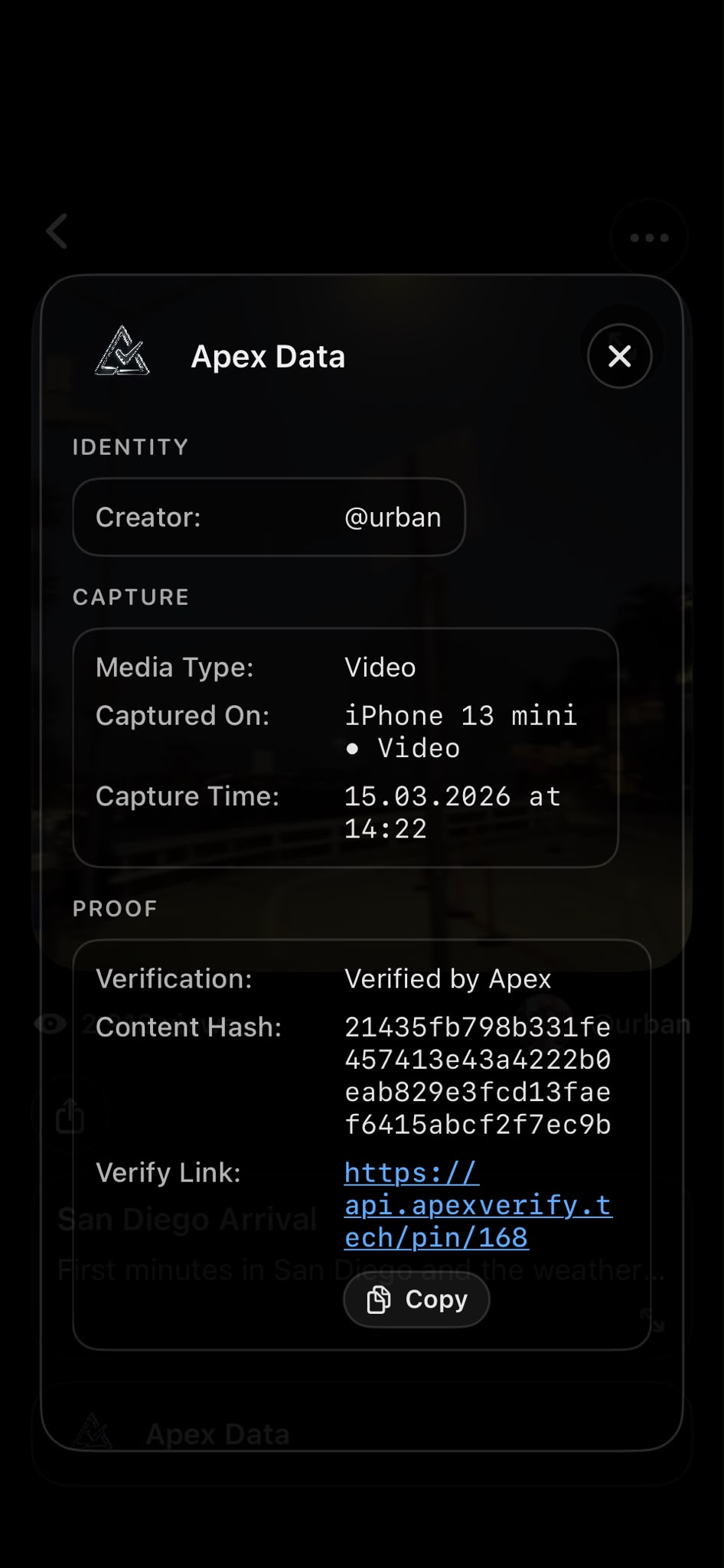 Complete Apex Data record showing creator identity, capture details, content hash and verify link