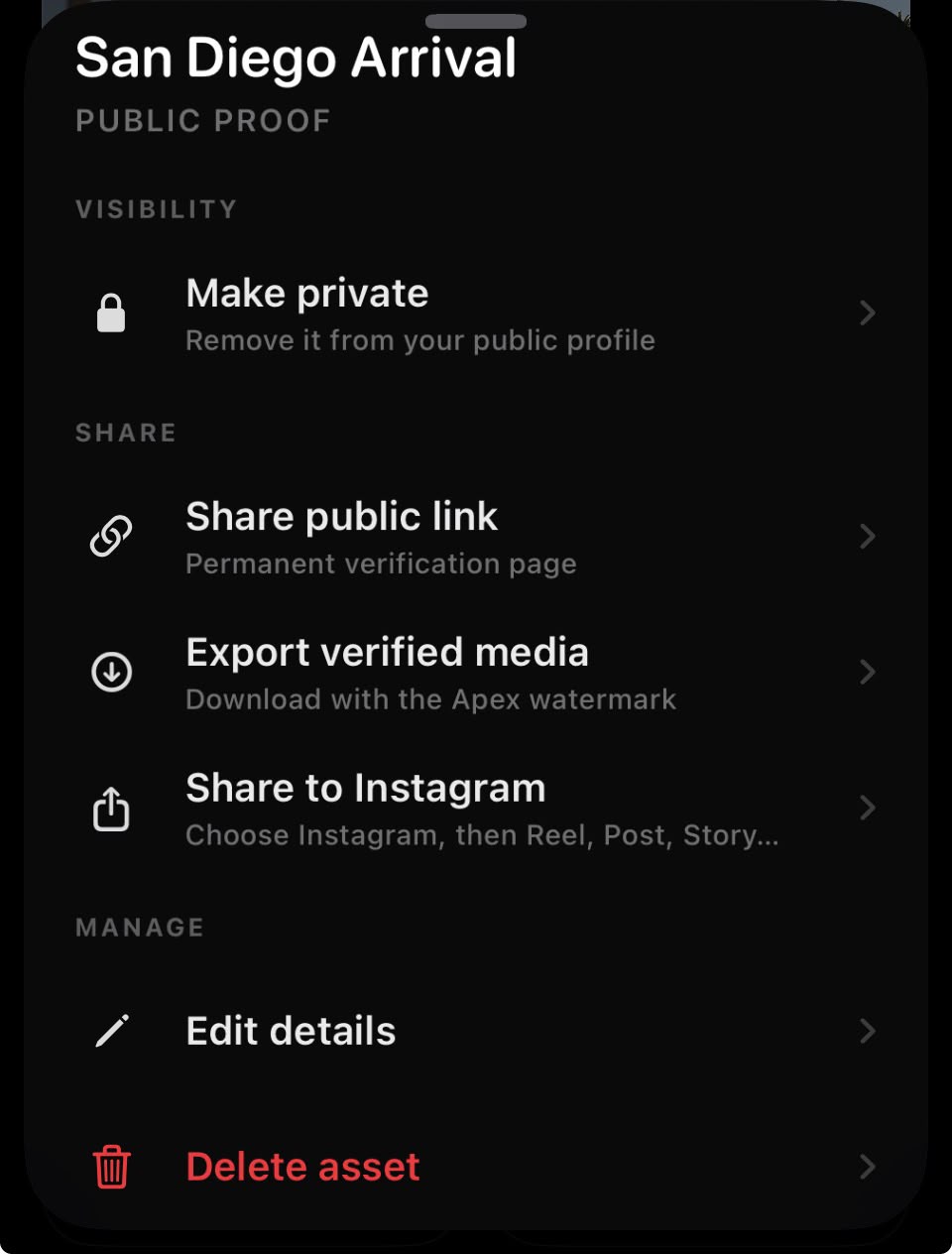 San Diego Arrival proof actions for public link, verified export and Instagram sharing